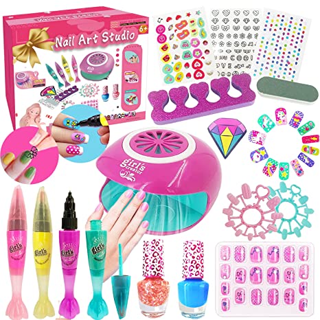 Nail Kit for Kids, Girls Nail Polish Set with Nail Dryer, 2 in 1 Nail Pens, Sticky Cartoon Fake Nail, Nail Art Studio Spa Decoration Birthday Party Gifts for Girls Ages 6 7-12