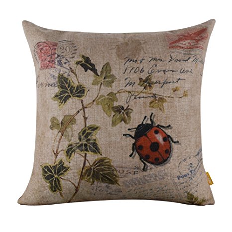 Decho Seven-spotted Ladybug Ladybird insects Coccinella Septempunctata Green Leaf Linen Cushion Cover Pillow Case