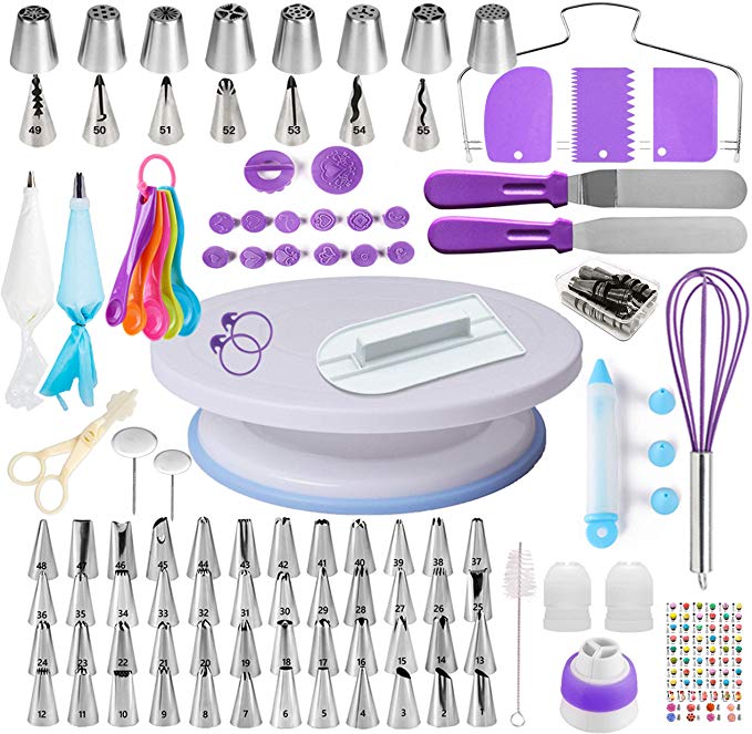 Cake Decorating Supplies Kit for Beginners, Set of 137, Baking Pastry Tools, 1 Turntable stand-55 Numbered Icing Tips with Pattern Chart, Angled Spatula, 8 Russian Piping nozzles-Baking Tools