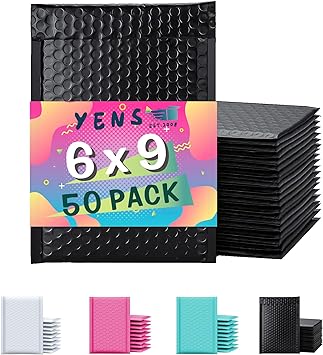 Yens Poly Bubble Mailers 6x10 50 Pack Black Waterproof Self Seal Adhesive Shipping Bags, Cushioning Padded Envelopes for Shipping, Mailing, Packaging Usable Space 6x9