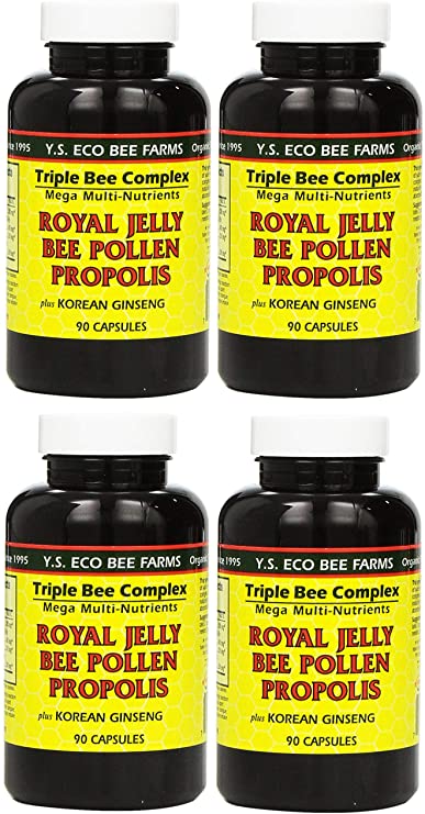Y.S. Eco Bee Farms, (4 Pack) Royal Jelly, Bee Pollen, Propolis, Plus Korean Ginseng, 90 Capsules