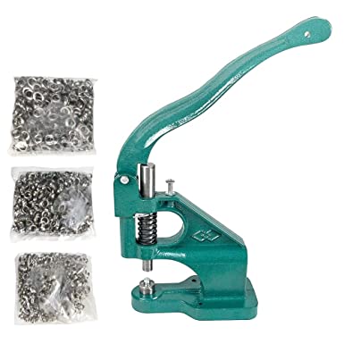 QWORK Hand Press Heavy Duty Eyelet Grommet Machine Punch Tool Kit with 3 Dies and 1500 Pcs Silver Grommets