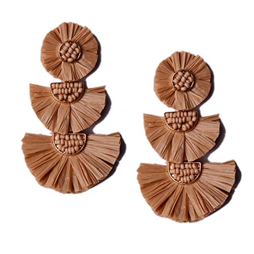 L&N Rainbery Bohemian Handmade Drop Earrings Fashion Beaded Raffia Palm Earrings for Women Tiered Dangle Statement Earrings