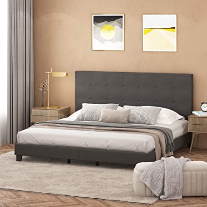 Furinno Laval Button Tufted Bed Frame, 12PC Slat Style, Stone, King