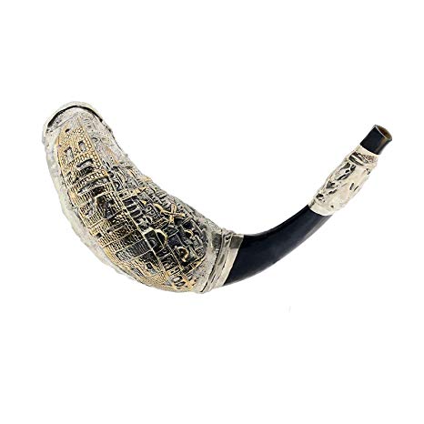 KOSHER ODORLESS STERLING SILVER SHOFAR | Natural Rams Horn | Popular Judaica Designs Engraved | Smooth Mouthpiece for Easy Blowing | Includes Carrying Bag and Guide (Jerusalem Designs)