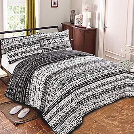 NTBAY 3 Pieces Duvet Cover Set Brushed Microfiber Black and White Geometric Printed Reversible Design with Hidden Zipper, Queen Size