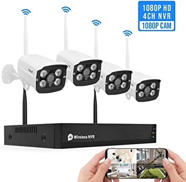 1080P Wireless Security Camera System Outdoor Indoor Plug&Play 4-Channel NVR 4Pcs 2MP WiFi Video Surveillance Cameras H.265 with Night Vision, Motion Detection, P2P, 24/7 Recording, No Hard Drive