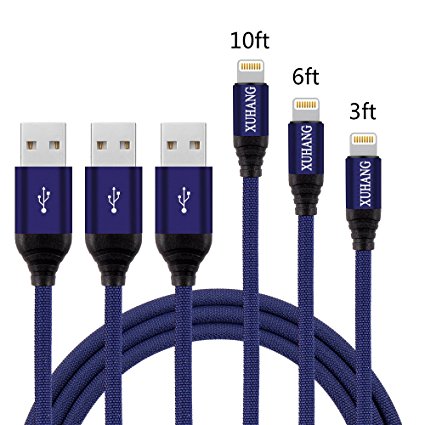 Lightning Cable, XUHANG iPhone Cables 3Pack (3 6 10FT) Lighting to USB Cable Nylon Braided Cord Charger for iPhone X/8/8 Plus/7/7 Plus/6/6 Plus/6s/6s Plus/5/5s/5c/SE and More (Blue)
