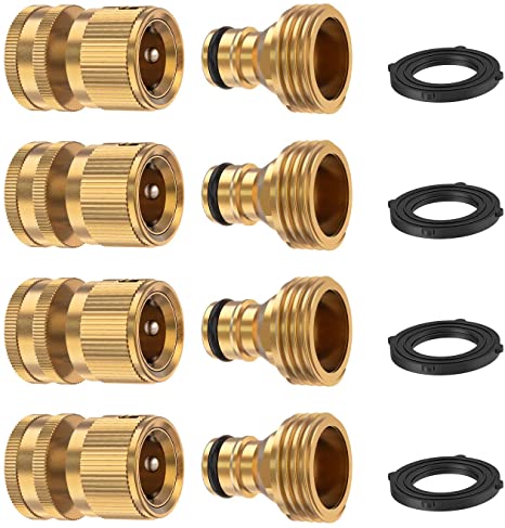 Kupton Garden Hose Quick Connect Fittings, 3/4 Inch GHT Brass Quick Release Water Hose Connector Male and Female Set (4 Sets)