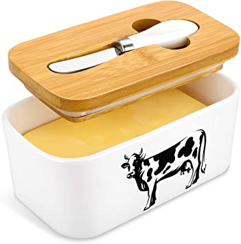 X-Chef Butter Dish with Lid, Large Ceramic Butter Container Keeper with Wooden Lid and Butter Knife, Hold 2 Standard Butter Sticks, 17oz/500ml, White, Cow Pattern