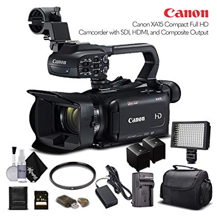 Canon XA15 Compact Full HD Camcorder 2217C002 With 64GB Memory Card, Extra Battery and Charger, UV Filter, LED Light, Case and More. - Starter Bundle