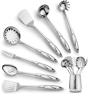 Zulay Kitchen Stainless Steel Cooking Utensil - Stainless Steel Kitchen Utensil - Durable Kitchen Gadgets - Metal Kitchen Accessories - Easy to Clean Kitchen Tools - 8 Piece Set