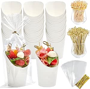 50 Sets 14 oz Charcuterie Cups with Sticks, Individual White Paper Charcuterie Boxes Disposable Snack Serving Cups for Fruits Appetizers (50 Cups   200 Cocktail Picks   50 Bags   50 Ties)