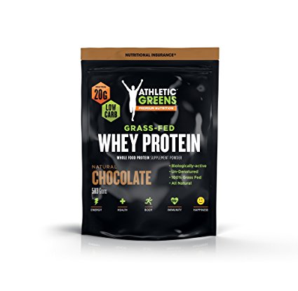 Athletic Greens Grass-Fed Whey Protein, Natural Chocolate - Deliciously Smooth Protein Shake, 100% Grass-Fed (No Hormones, Certified No GMOs), 20g of Protein Per Serving, 583 grams
