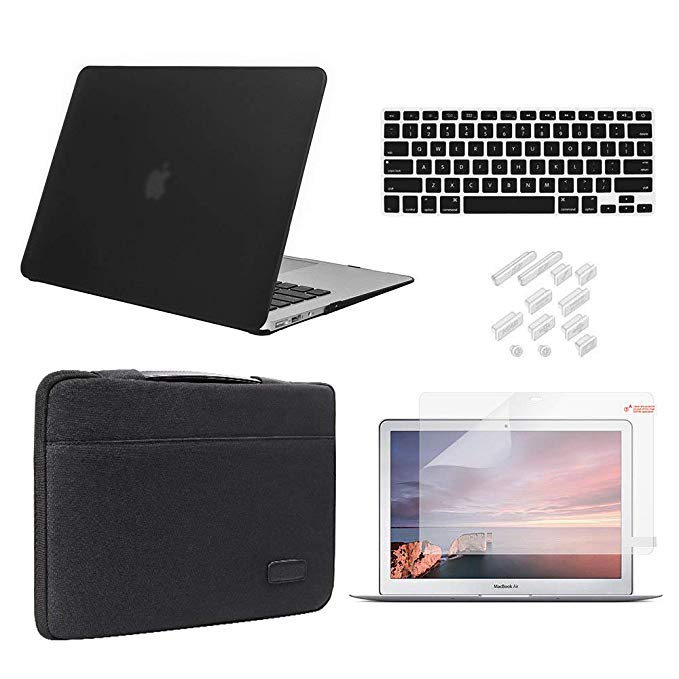 MacBook Air 13 Inch Case 2018 Release A1932 Bundle 5 in1,iCasso Hard Shell Case,Sleeve,Screen Protector,Keyboard Cover & Dust Plug Compatible Newest MacBook Air 13" with Touch ID - Black
