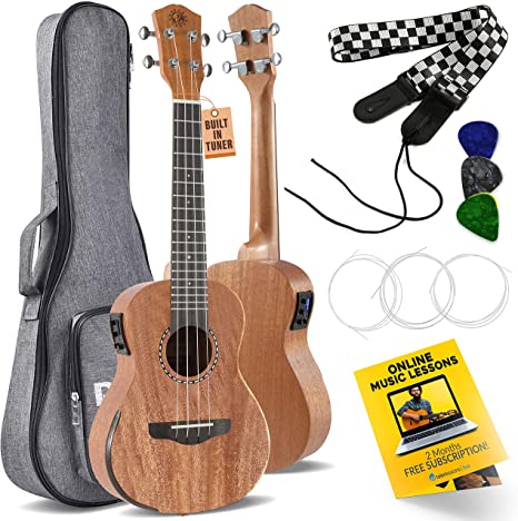 Pyle, 23" Acoustic Electric Ukulele-4String Professional Mahogany Tenor Ukulele w/Detachable Strap, 4 Celluloid Picks, Gig Bag, Cleaning Cloth, Strings, for Beginners & Advanced, (PUKTEA22)