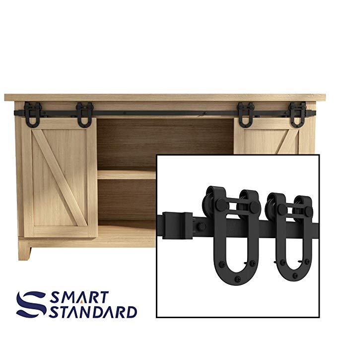 SMARTSTANDARD 5FT Super Mini Sliding Barn Door Hardware Track Kit -Smoothly and Quietly -for Double Opening Cabinet, TV Stand, Closet, Window -Fit 15"-20" Wide Door Panel -U Shape Hanger (NO Cabinet)