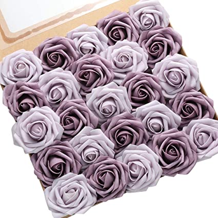 DerBlue 60pcs Artificial Roses Flowers Real Looking Fake Roses Artificial Foam Roses Decoration DIY for Wedding Bouquets Centerpieces,Arrangements Party Home Decorations (Violet & Purple Rose)