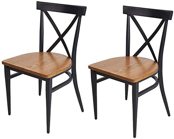 Dporticus Dining Chairs with Solid Wood Seat and Metal Frame X Back Side Chairs Set of 2 Black