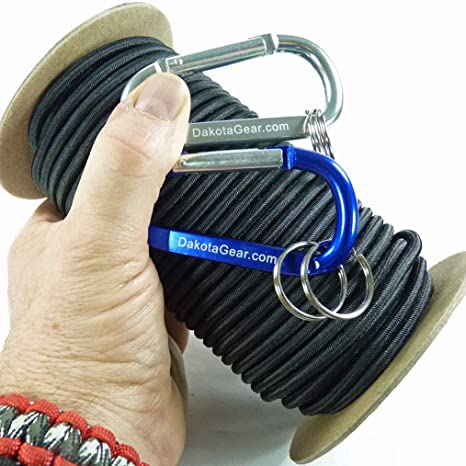 Dakota Gear (TM) Shock Cord - Cosmic Black 1/8" x 5 ft. Hank. Marine Grade. Also Called Bungee Cord, Stretch Cord & Elastic Cord. Made in USA. 2 Carabiners and Knot Tying eBook.