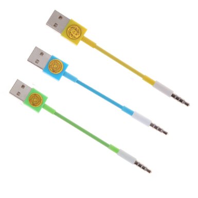 Qable Powerz(TM) iPod Shuffle charger for Apple iPod Shuffles 3rd, 4th & 5th generation - USB to 3.5mm jack -3pack- (yellow green blue)