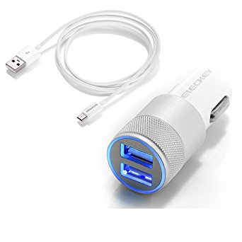 Car Charger, Eleckey 4.8A Dual USB Port Car Charger Portable Travel Charger Rapid Car Charger Auto Adapter   3ft White Micro USB 2.0 cable - Silver