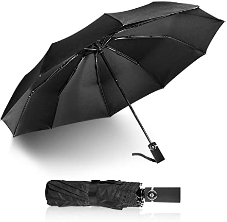 Folding Umbrella Windproof, Compact Auto Travel Umbrella, Sturdy Dome Rain Umbrella with UV Protection (10 Ribs)