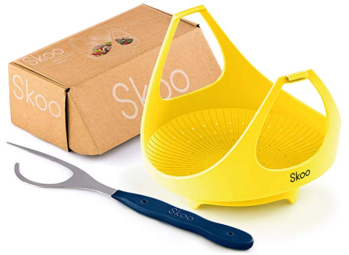 Skoo Silicone Vegetable Steamer Basket Set - Food Steamer   Free Fork - For Stove Top, Microwave and Instant Pot