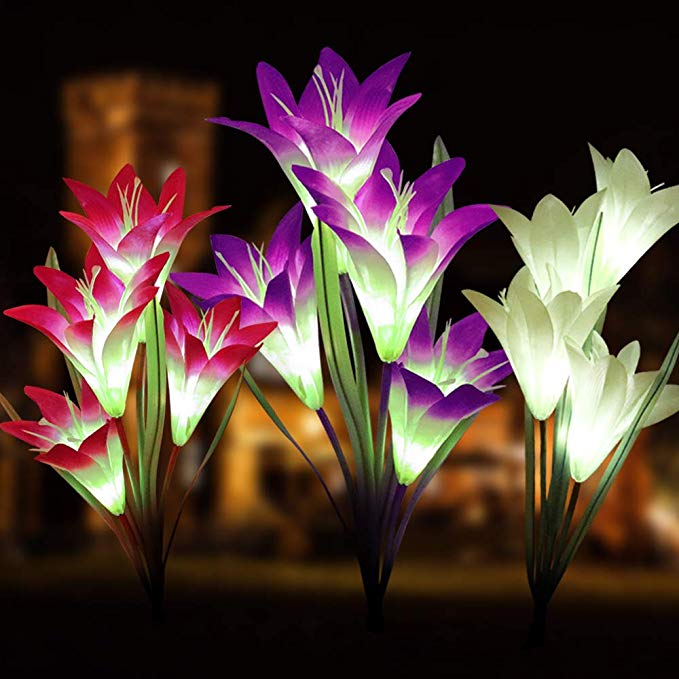 【2020 Newest Version！】Solar Lights Outdoor with 12 Lily Flower Multi-Color Changing LED Outdoor Solar Garden Stake Lights Solar Landscape Lighting for Patio,Pathway ，Garden,Yard Decoration (3 Pack)