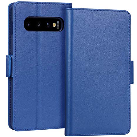 FYY Samsung Galaxy S10 6.1" Luxury [Cowhide Genuine Leather][RFID Blocking] Handcrafted Wallet Case, Handmade Flip Folio Case with [Kickstand Function] and [Card Slots] for Galaxy S10 (6.1") Blue