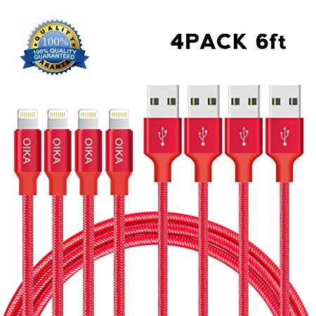 Lightning cable OIKA 4 Pack 6 FT Lightning Connector to Data Syncing Cord Compatible with and Fast Charging Cable for iPhone 8/X/5C/5S/6S/6S PLUS/7/7 / plus, iPad Air, and more (Red)