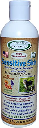 Mad About Organics Sensitive Skin Shampoo 8oz Formulated for Dogs - pH Balanced and formulated for dogs - Defense Against Dandruff, Allergies, & Itchy, Dry, Sensitive Skin - Cruelty Free, Sulfate & Paraben Free - Made in the USA …