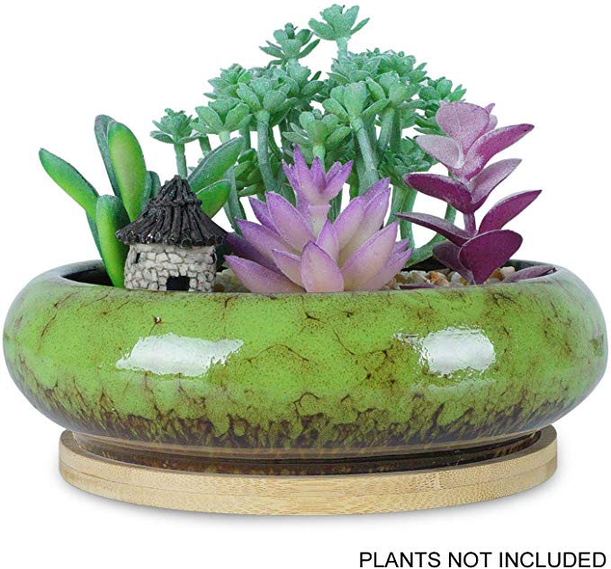 7.3 inch Round Succulent Planter Pots with Drainage Hole Bonsai Pots Garden Decorative Cactus Stand Ceramic Glazed Flower Container Green, with Bamboo Tray