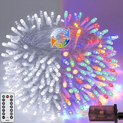 Multicolor to Cool White Color Changing 200 LED 66FT Christmas String Lights for Outdoor&Indoor, 11 Modes Christmas Tree Clear Wire Fairy Waterproof Lights with Memory Function & Remote & Timer