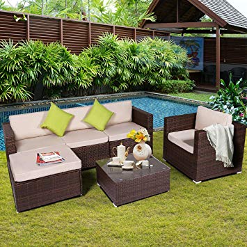 U-MAX 6 Pieces Patio PE Rattan Wicker Sofa Set Outdoor Sectional Furniture Conversation Chair Set with Ottoman Cushions and Tea Table Brown