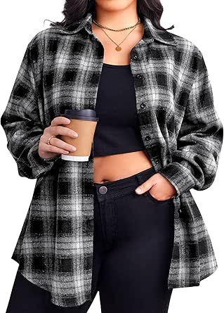 Zeagoo Womens Plus Size Flannel Shirt Plaid Shirts Long Sleeves Casual Button Down Collared Shacket Tops 16W-26W