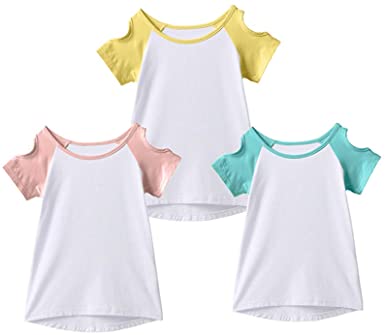 IRELIA 3 Pack Girls Crew Neck Tee Short Sleeve Shirts with Cold Shoulder
