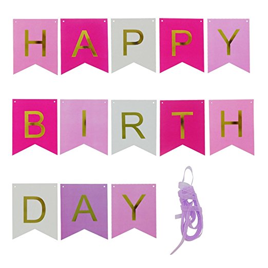 Elehere Happy Birthday Banner, Vintage Cardboard with Shimmering Gold Letters Bunting Party Decoration Supplies, Versatile Beautiful Wall Garland Bunting Flag (Pink Mix)