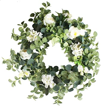 Delicaft Artificial Silk Flowers Wreath - 18" Green Leaves Wreath with Flowers for Front Door, Wall, Home Decoration (White)