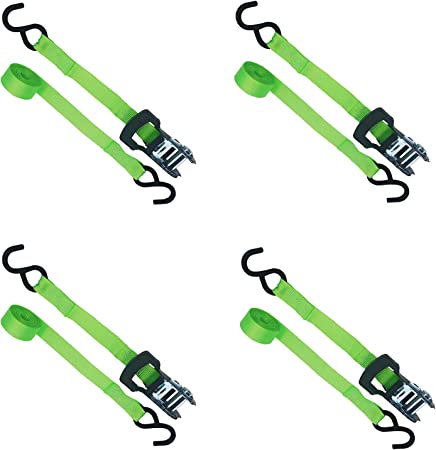 TOPSKY RTD2009 Ratchet Tie Down Straps, 10 ft x 1 in Securing Straps, 1500 lbs Break Strength Cargo Tie Down, Green. Pack of 4