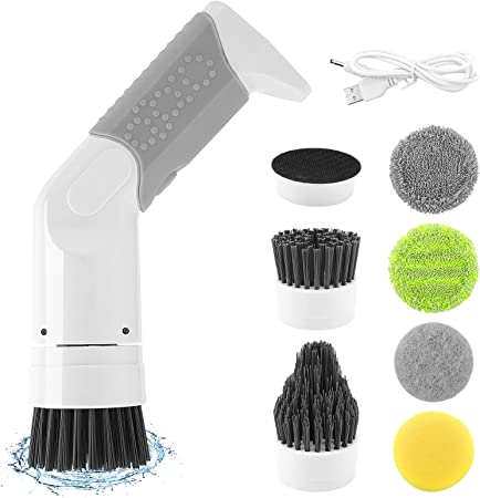 welltop Electric Spin Scrubber, Cordless Cleaning Brush with 6 Replaceable Heads, Portable Rechargeable Shower Scrubber Household Power Scrubbers for Bathroom Sink Grout Tile Tub Window Toilet, White
