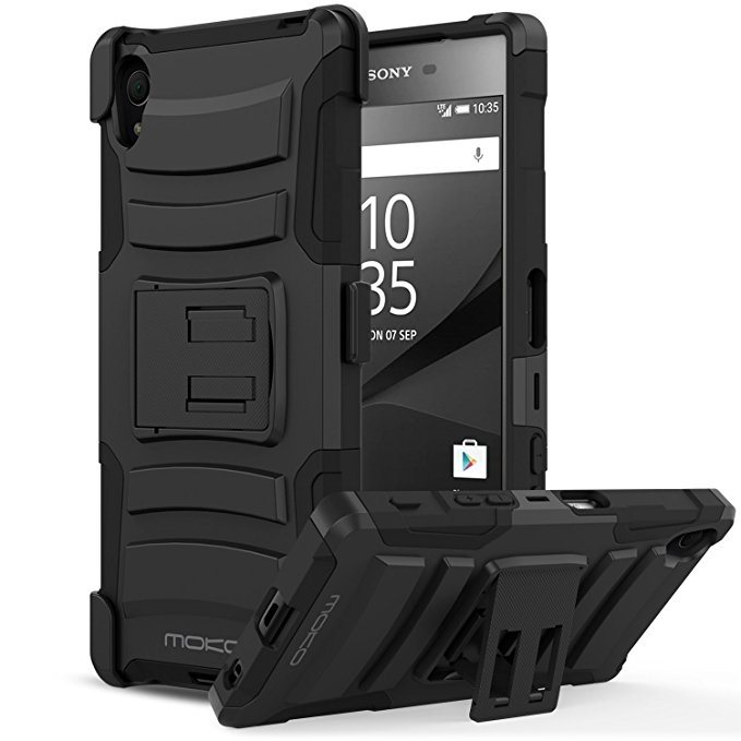 Sony Xperia Z5 Case, MoKo Shock Absorbing Hard Cover Ultra Protective Heavy Duty Case with Holster Belt Clip   Built-in Kickstand for Sony Xperia Z5 5.2 Inch (2015) - Black