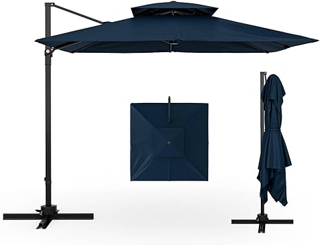 COSTWAY 3M Cantilever Garden Parasol, Square Offset Banana Umbrella with 360° Rotation, Dual Vented Top & Cross Base, 8-Rib Outdoor Hanging Sun Shade for Patio Market