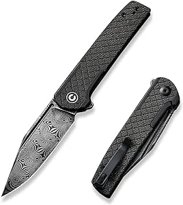 CIVIVI Cachet Folding Pocket Knife, 3.48 inch Damascus Blade Stainless Steel With Canvas Micarta Inlay Handle Reversible Pocket Clip, EDC Knife for Utility Hiking Camping Fishing Work C20041B-DS1