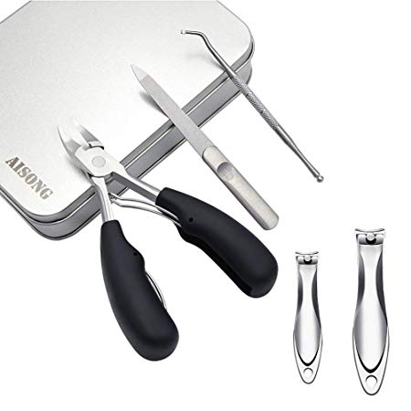 AISONG Nail Clippers Set, Stainless Steel Manicure Pedicure Kit Including Fingernail Clipper, Toenail Trimmer, Nail File, Nail Cleaner 5-in-1 Nail Care Kit with Case for Men & Women