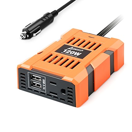Ampeak 120W Power Inverter DC 12V to 110V AC Converter with Dual USB (3.1A shared) Car Charger