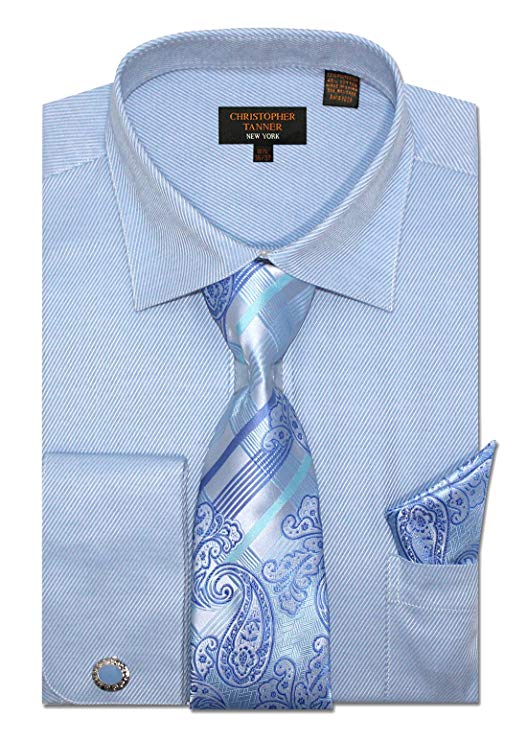 Christopher Tanner Men's Regular Fit Dress Shirts with Tie & Hankerchief Cufflinks Combo Twill Pattern