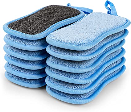 12 Pieces Scrub Microfiber Sponge with Hanger, Non-Scratch Premium Reusable Sponge with Heavy Duty Scrubber for Kitchen Easily Cleaning Dishes, Pots and Pans(Blue)…