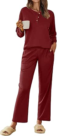 Ekouaer Waffle Knit Pajamas for Women Set Long Sleeve Pants Pj Henley Tops Lounge Sets Comfy Sleepwear with Pockets