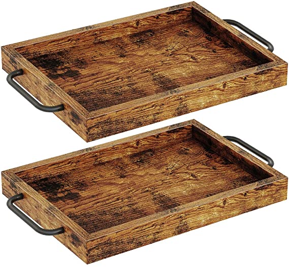 Rolanstar Serving Trays, Set of 2 Wooden Tray with Metal Handles for Coffee Table, Ottoman, Decorative Food Tray for Kitchen Party Dinner Snack, 2 Pack